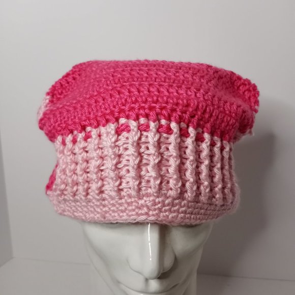Handmade Crochet Knit Beanie Hat Dark/Light Pink Women's 8" Round - Picture 2 of 5
